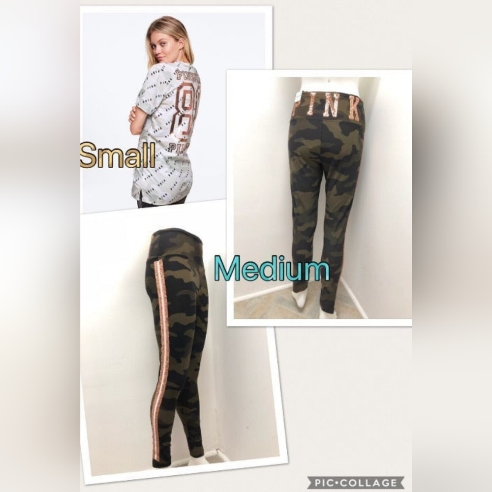 VS PINK bling leggings and camo shirt size small, medium NEW bling set